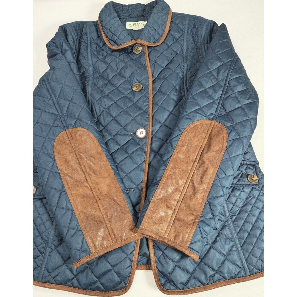 Orvis Women’s Barn Coat Jacket Size L Blue Quilted Faux Leather Trim